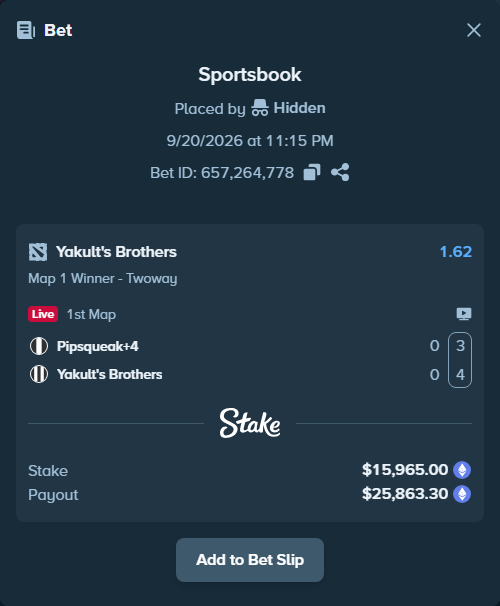 Bet slip: Pipsqueak+4 - Yakult's Brothers, $15,991.92 stake at 1.62 odds, placed by Hidden