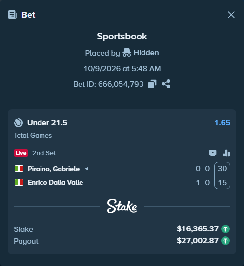 Bet slip: Piraino, Gabriele - Enrico Dalla Valle, $16,381.74 stake at 1.65 odds, placed by itsreezyy