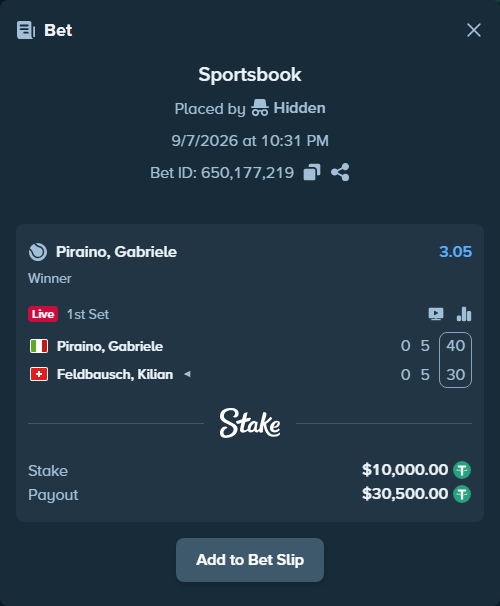 Bet slip: Piraino, Gabriele - Feldbausch, Kilian, $10,000.00 stake at 3.05 odds, placed by Hidden
