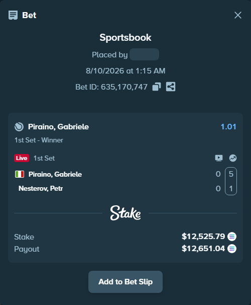 Bet slip: Piraino, Gabriele - Nesterov, Pyotr, $12,585.44 stake at 1.01 odds, placed by GucciBra