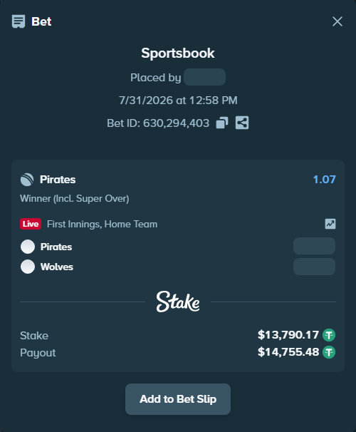 Bet slip: Pirates - Wolves, $13,803.96 stake at 1.07 odds, placed by sanchit86