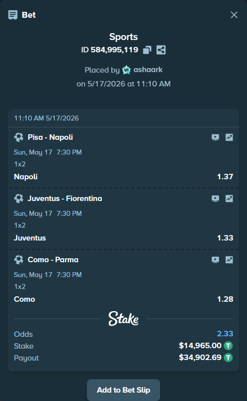 Bet slip: Pisa - Napoli, $14,965.00 stake at 1.37 odds, placed by ashaark