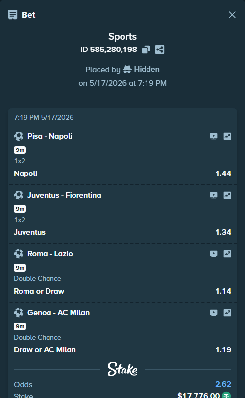 Bet slip: Pisa - Napoli, $17,776.00 stake at 1.44 odds, placed by Hidden