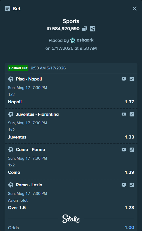 Bet slip: Pisa - Napoli, $34,600.00 stake at 1.37 odds, placed by ashaark