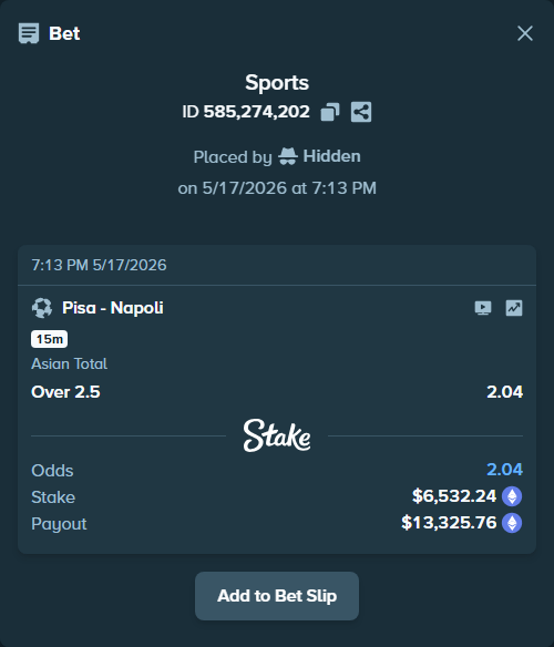 Bet slip: Pisa - Napoli, $5,175.67 stake at 2.04 odds, placed by Hidden