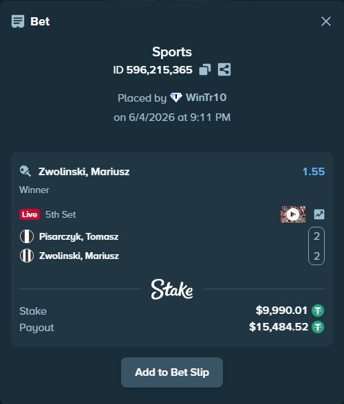 Bet slip: Pisarczyk, Tomasz - Zwolinski, Mariusz, $10,000.00 stake at 1.55 odds, placed by WinTr10