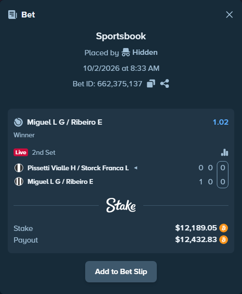 Bet slip: Pissetti Vialle H / Storck Franca L - Miguel L G / Ribeiro E, $12,207.72 stake at 1.02 odds, placed by Hidden