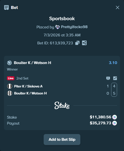 Bet slip: Piter K / Siskova A - Boulter K / Watson H, $11,607.03 stake at 3.10 odds, placed by Prettylfacko98