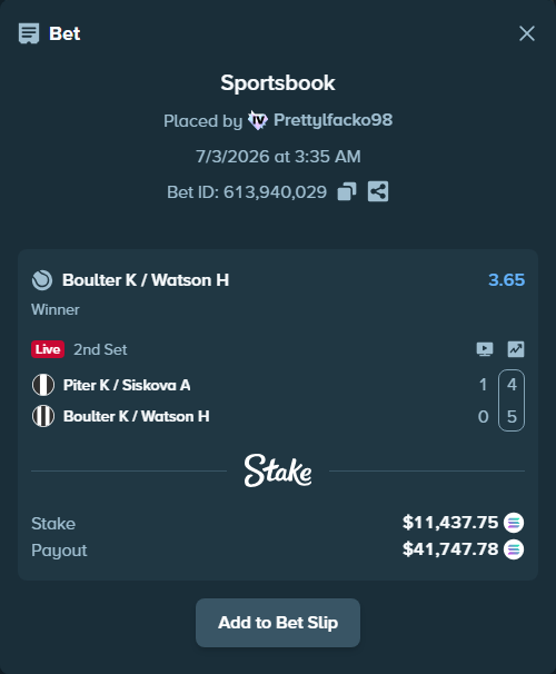 Bet slip: Piter K / Siskova A - Boulter K / Watson H, $11,665.36 stake at 3.65 odds, placed by Prettylfacko98