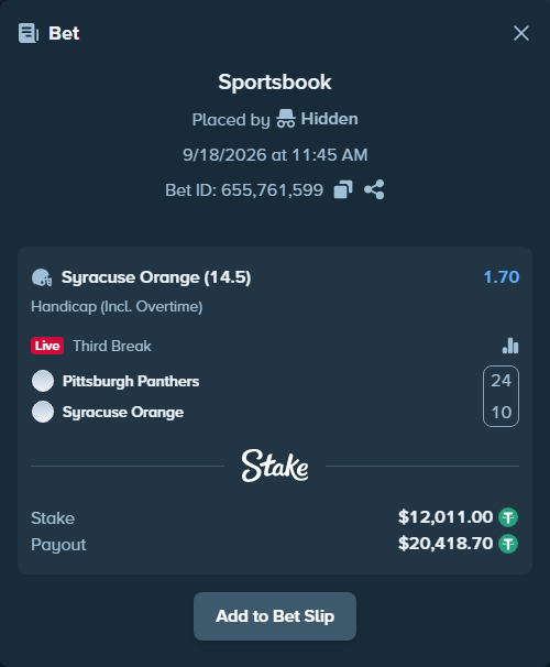 Bet slip: Pittsburgh Panthers - Syracuse Orange, $12,023.01 stake at 1.70 odds, placed by Hidden