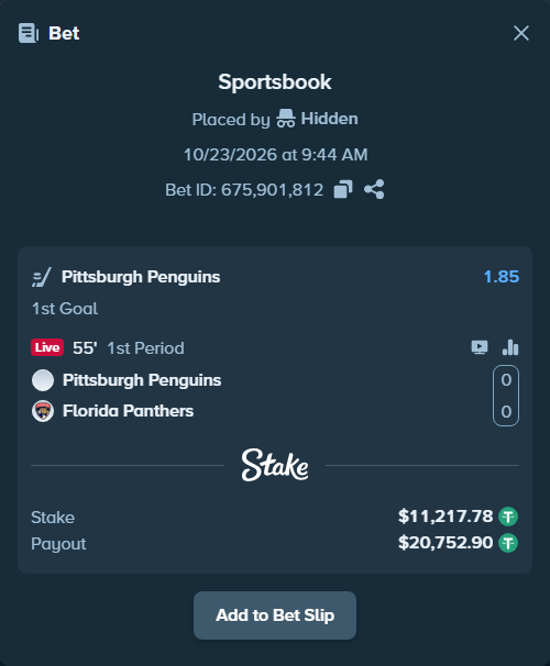 Bet slip: Pittsburgh Penguins - Florida Panthers, $11,229.00 stake at 1.85 odds, placed by Hidden