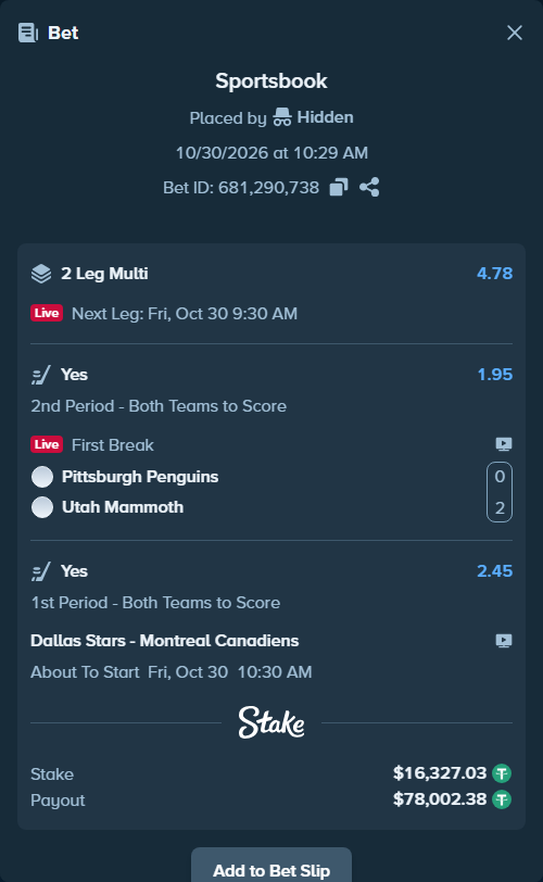 Bet slip: Pittsburgh Penguins - Utah Mammoth, $16,359.68 stake at 1.95 odds, placed by Hidden