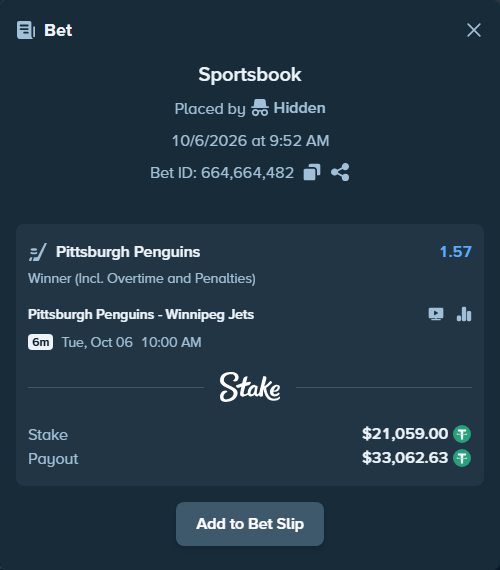 Bet slip: Pittsburgh Penguins - Winnipeg Jets, $21,059.00 stake at 1.57 odds, placed by Hidden
