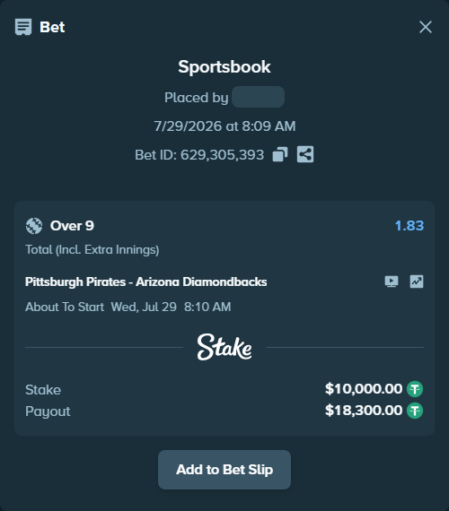 Bet slip: Pittsburgh Pirates - Arizona Diamondbacks, $10,010.00 stake at 1.83 odds, placed by Saifshalabi