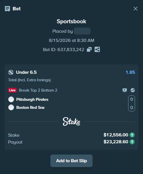 Bet slip: Pittsburgh Pirates - Boston Red Sox, $12,568.56 stake at 1.85 odds, placed by riaggo1