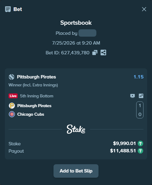 Bet slip: Pittsburgh Pirates - Chicago Cubs, $10,000.00 stake at 1.15 odds, placed by YasutakaNakano