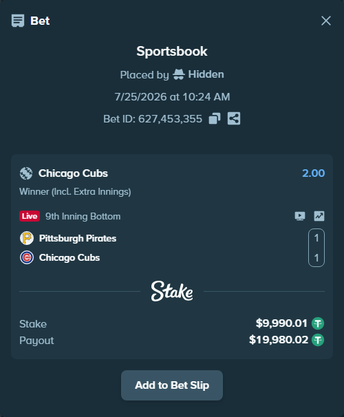 Bet slip: Pittsburgh Pirates - Chicago Cubs, $10,000.00 stake at 2.00 odds, placed by YasutakaNakano