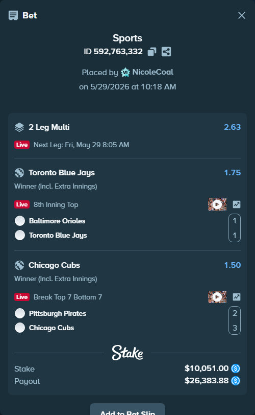 Bet slip: Pittsburgh Pirates - Chicago Cubs, $10,051.00 stake at 1.50 odds, placed by NicoleCoal