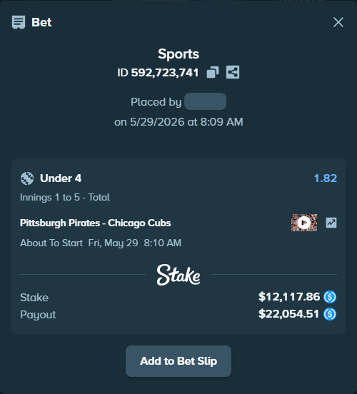 Bet slip: Pittsburgh Pirates - Chicago Cubs, $12,117.86 stake at 1.82 odds, placed by Kdesai1024