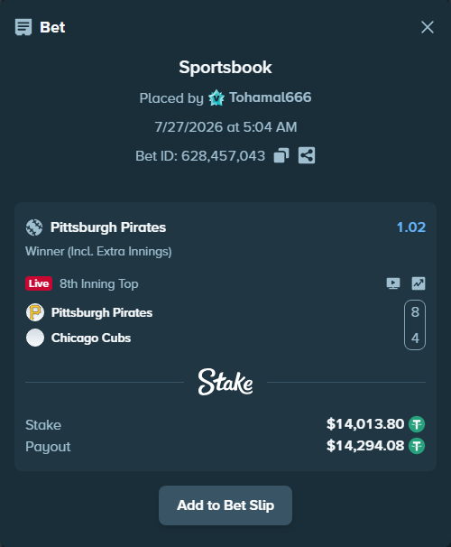 Bet slip: Pittsburgh Pirates - Chicago Cubs, $14,013.80 stake at 1.02 odds, placed by Tohamal666