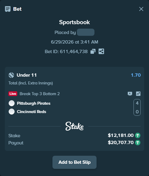 Bet slip: Pittsburgh Pirates - Cincinnati Reds, $12,193.18 stake at 1.70 odds, placed by zhanjinkun