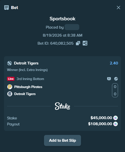Bet slip: Pittsburgh Pirates - Detroit Tigers, $44,776.53 stake at 2.40 odds, placed by Marvin123421