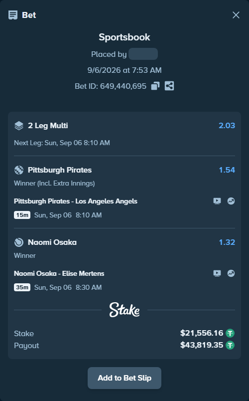 Bet slip: Pittsburgh Pirates - Los Angeles Angels, $21,554.00 stake at 1.54 odds, placed by Nt95