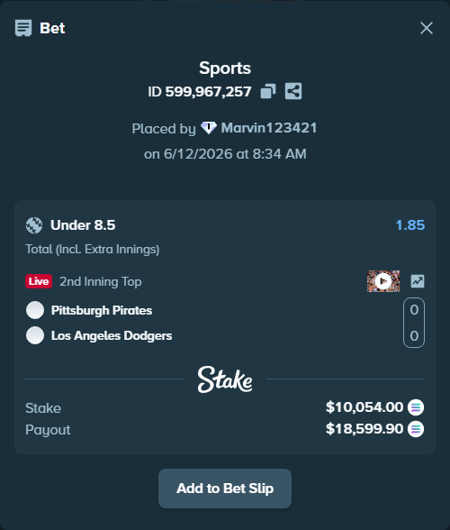 Bet slip: Pittsburgh Pirates - Los Angeles Dodgers, $11,026.68 stake at 1.85 odds, placed by Marvin123421