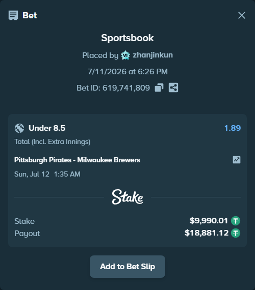 Bet slip: Pittsburgh Pirates - Milwaukee Brewers, $10,000.00 stake at 1.89 odds, placed by zhanjinkun