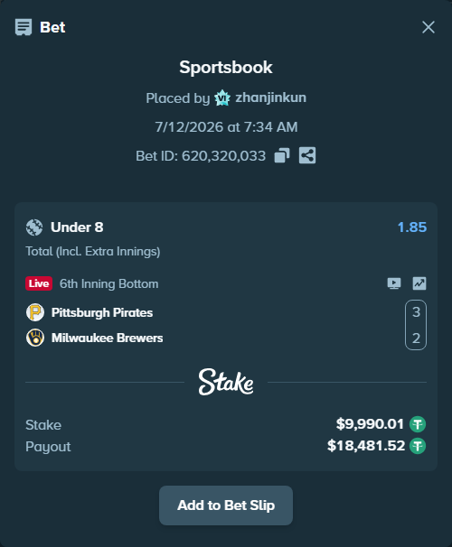 Bet slip: Pittsburgh Pirates - Milwaukee Brewers, $10,000.00 stake at 1.85 odds, placed by zhanjinkun