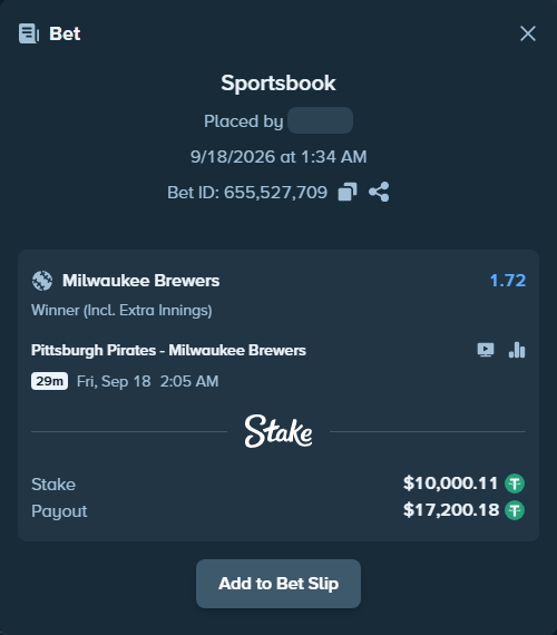Bet slip: Pittsburgh Pirates - Milwaukee Brewers, $10,010.11 stake at 1.72 odds, placed by nandonzr