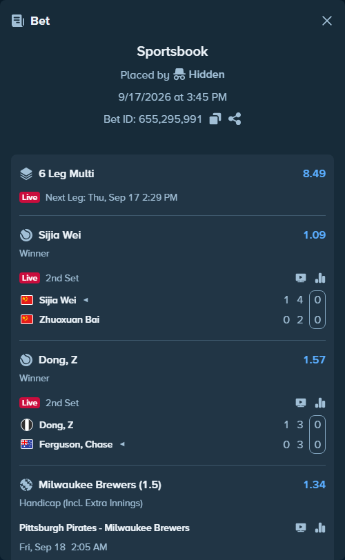 Bet slip: Pittsburgh Pirates - Milwaukee Brewers, $15,098.54 stake at 1.34 odds, placed by Hidden