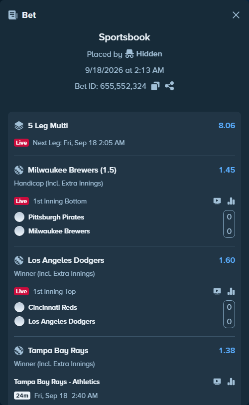 Bet slip: Pittsburgh Pirates - Milwaukee Brewers, $16,000.00 stake at 1.45 odds, placed by Hidden