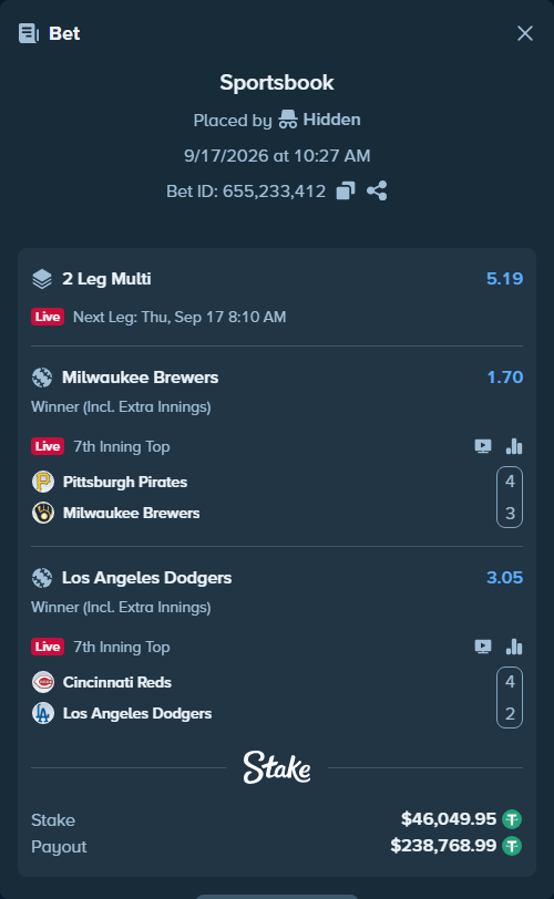 Bet slip: Pittsburgh Pirates - Milwaukee Brewers, $46,096.00 stake at 1.70 odds, placed by Hidden