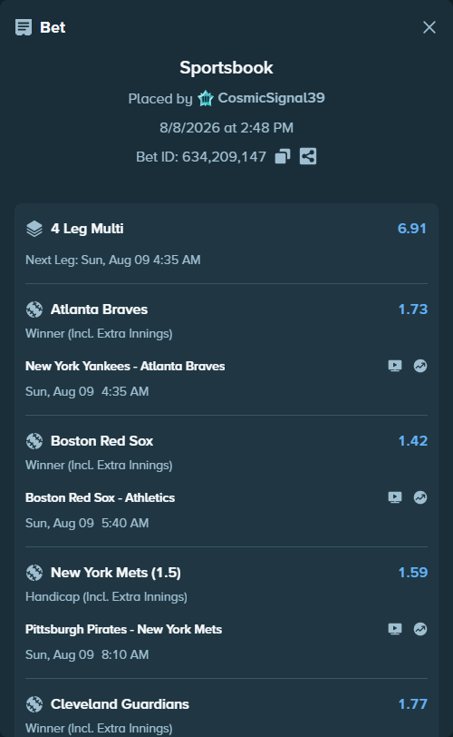 Bet slip: Pittsburgh Pirates - New York Mets, $10,000.00 stake at 1.59 odds, placed by CosmicSignal39