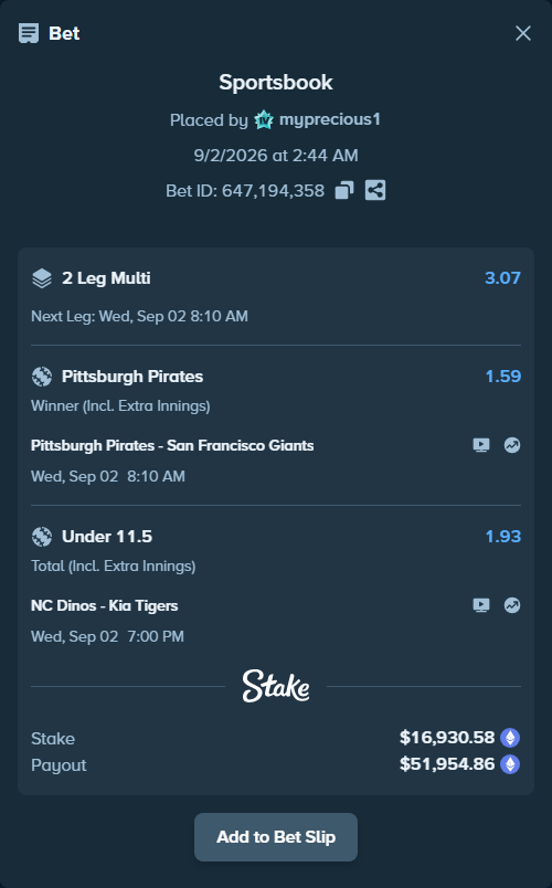 Bet slip: Pittsburgh Pirates - San Francisco Giants, $16,558.65 stake at 1.59 odds, placed by myprecious1