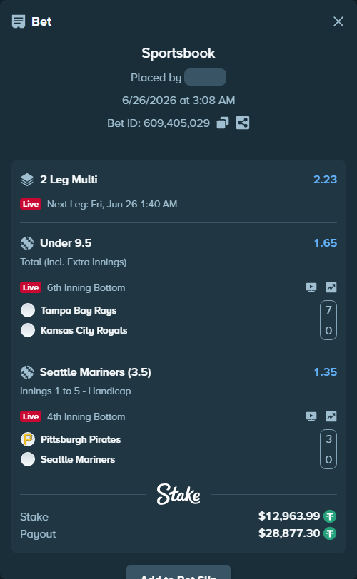 Bet slip: Pittsburgh Pirates - Seattle Mariners, $12,976.96 stake at 1.35 odds, placed by 토사장체크카드