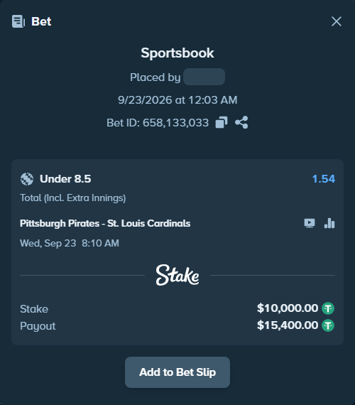 Bet slip: Pittsburgh Pirates - St. Louis Cardinals, $10,000.00 stake at 1.54 odds, placed by 이원일