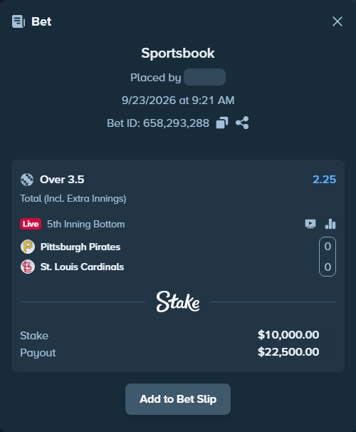 Bet slip: Pittsburgh Pirates - St. Louis Cardinals, $9,990.81 stake at 2.25 odds, placed by Jollysea