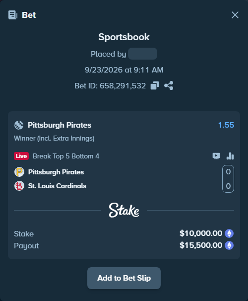 Bet slip: Pittsburgh Pirates - St. Louis Cardinals, $9,971.57 stake at 1.55 odds, placed by Jollysea