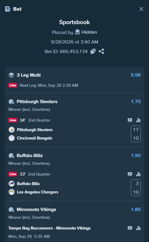Bet slip: Pittsburgh Steelers - Cincinnati Bengals, $19,000.00 stake at 1.70 odds, placed by dc913