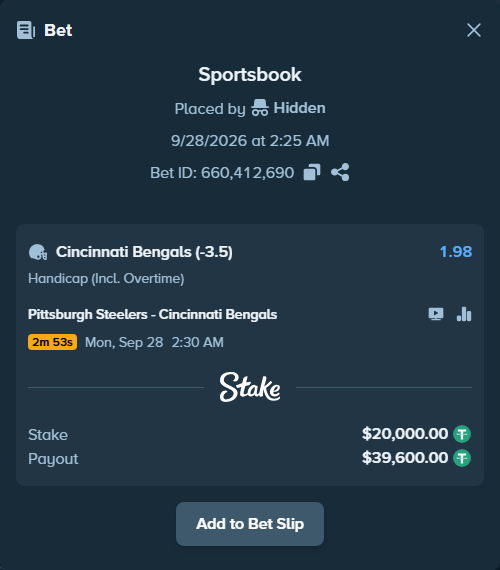 Bet slip: Pittsburgh Steelers - Cincinnati Bengals, $20,000.00 stake at 1.98 odds, placed by dvento
