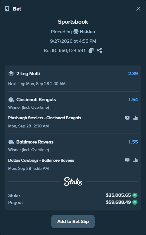 Bet slip: Pittsburgh Steelers - Cincinnati Bengals, $25,005.65 stake at 1.54 odds, placed by dc913