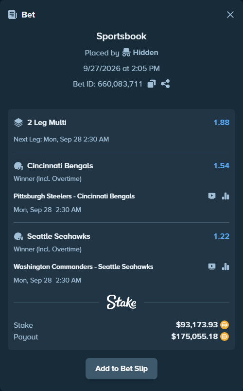 Bet slip: Pittsburgh Steelers - Cincinnati Bengals, $93,173.93 stake at 1.54 odds, placed by MrBerry123