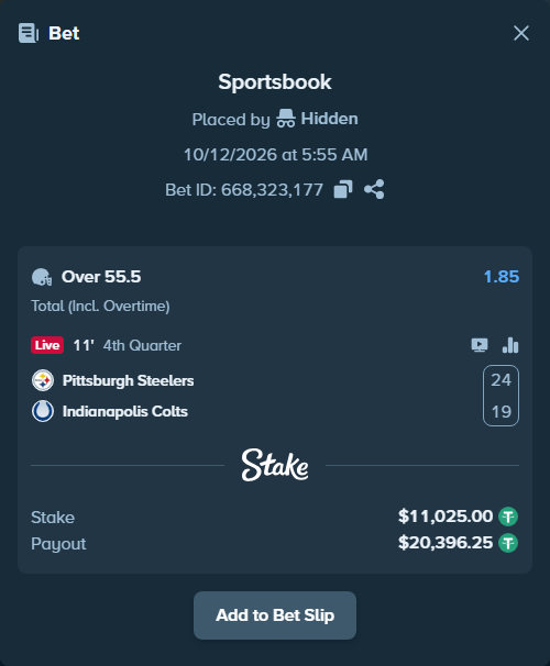 Bet slip: Pittsburgh Steelers - Indianapolis Colts, $11,036.02 stake at 1.85 odds, placed by fhv166151