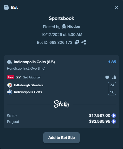 Bet slip: Pittsburgh Steelers - Indianapolis Colts, $17,719.72 stake at 1.85 odds, placed by Jollysea