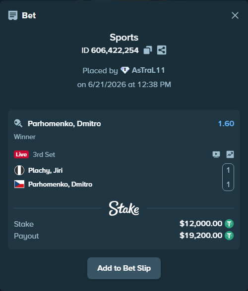 Bet slip: Plachy, Jiri - Parhomenko, Dmitro, $12,012.00 stake at 1.60 odds, placed by AsTraL11
