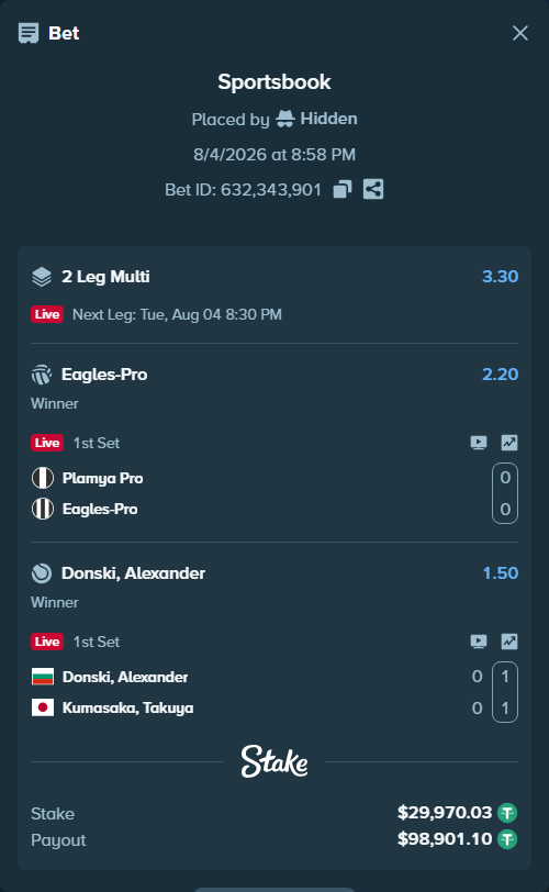 Bet slip: Plamya Pro - Orly-Pro, $30,000.00 stake at 2.20 odds, placed by Hidden