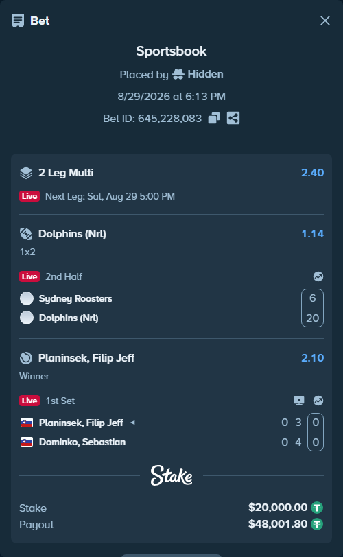 Bet slip: Planinsek, Filip Jeff - Dominko, Sebastian, $20,000.00 stake at 2.10 odds, placed by Hidden