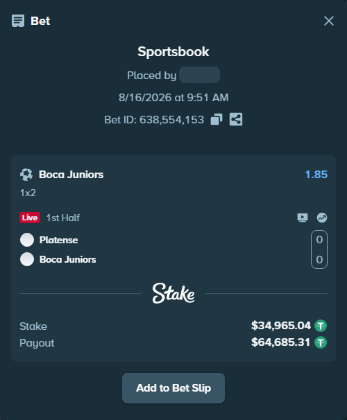 Bet slip: Platense - Boca Juniors, $35,000.00 stake at 1.85 odds, placed by ayoflasher